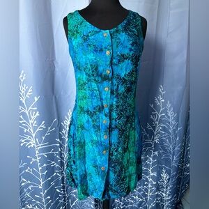 Tropical Blue and Green Button-Down Midi Dress